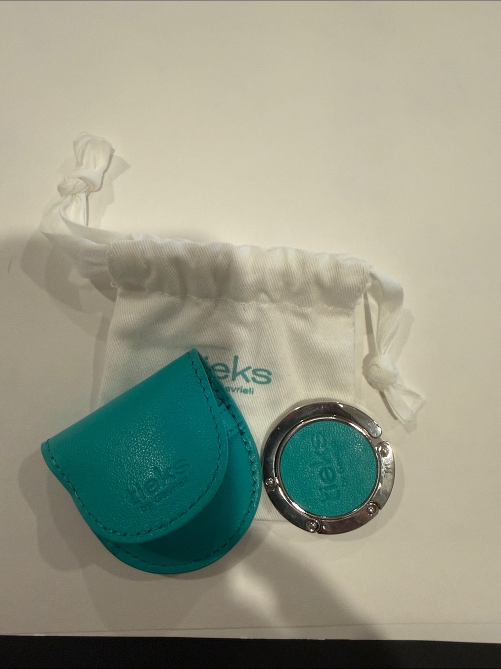 teal 'leks' Leather Purse Hook with Matching Case